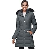 SLOW DOWN Women Winter Down Puffer Coat Warm Hooded Mid-Length Down Jacket for Women with Faux Fur Trim Hood and Pile Collar