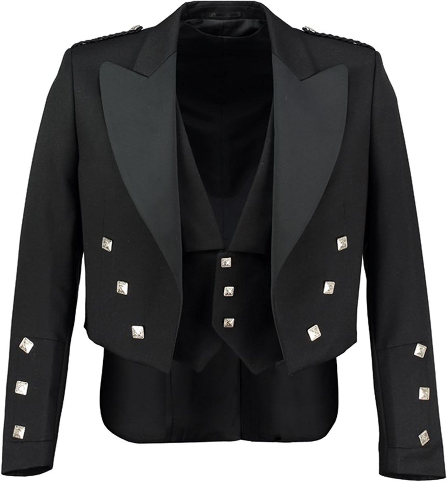 Pro Scottish LLC Prince Charlie Jacket Black with 3 Button Vest. Shiny Satin Lapels.