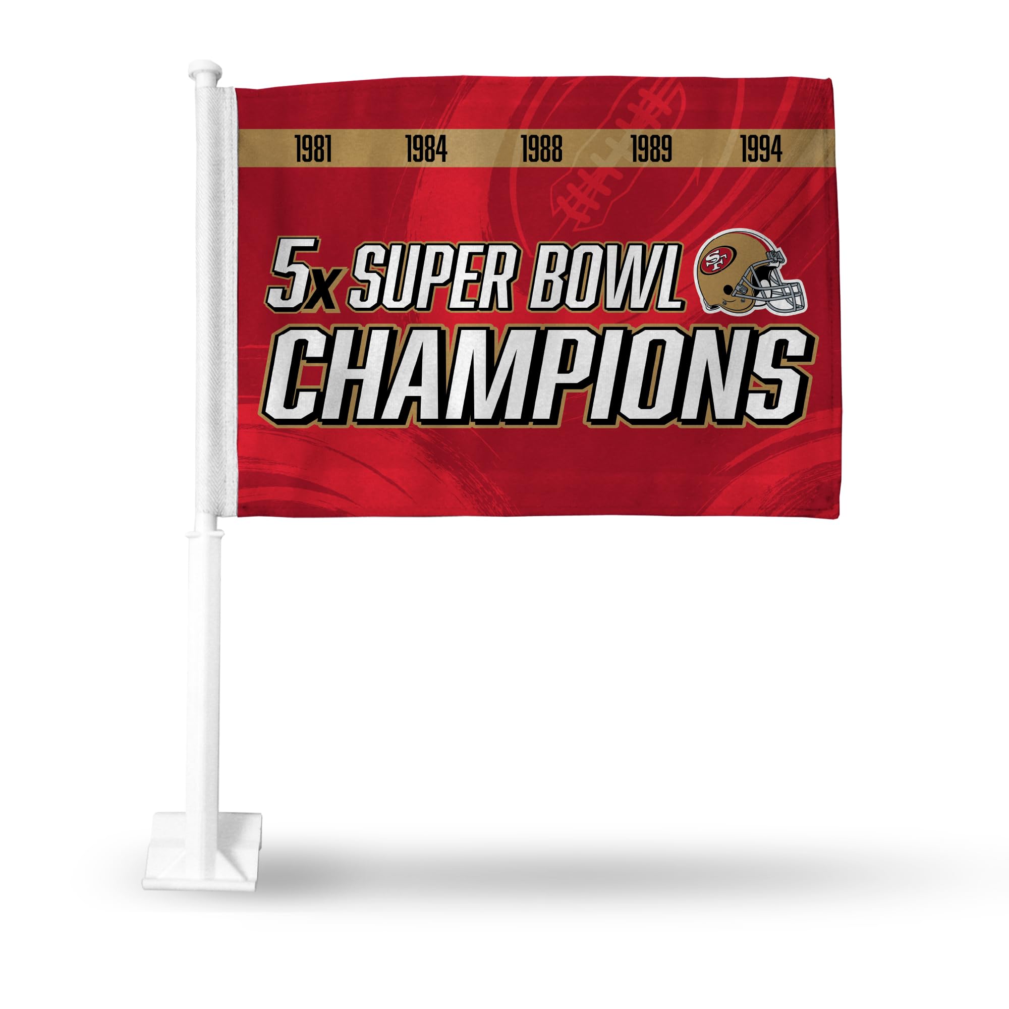 Photo 1 of Rico Industries NFL San Francisco 49ers 5X NFL Champions Double Sided Double Sided Car Flag - 16" x 19" - Strong Pole That Hooks onto Car/Truck/Automobile
