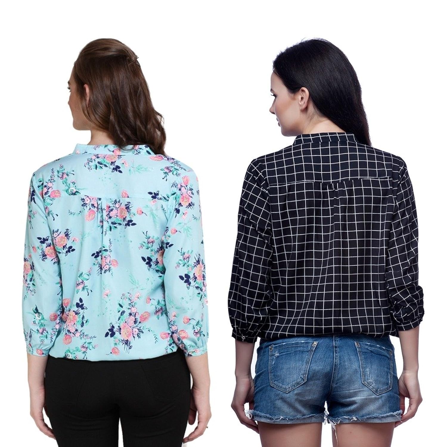 mallory winston light blue floral & black checkerd women's balloon top