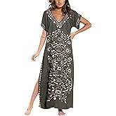 Busbseach Caftan Dresses for Women Embroidery Short Sleeve Beach Cover Up V Neck Maxi Kaftan Dress