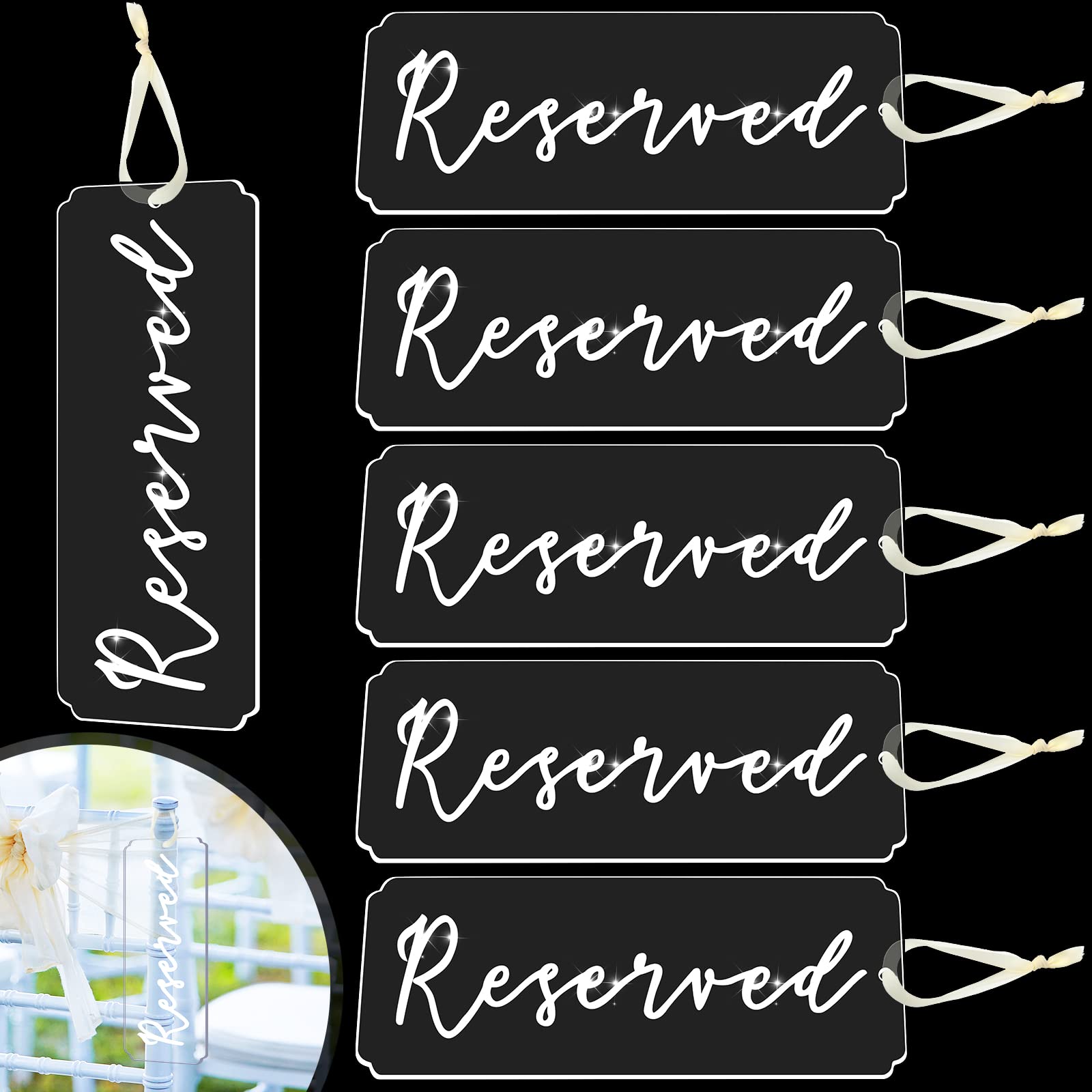 Photo 1 of Blulu 6 Pieces Reserved Signs for Wedding Chairs Acrylic Tag Hanging Reserved Signs with Ribbon for Wedding Important Events Church Pews Chair and Restaurant(White Lettering)