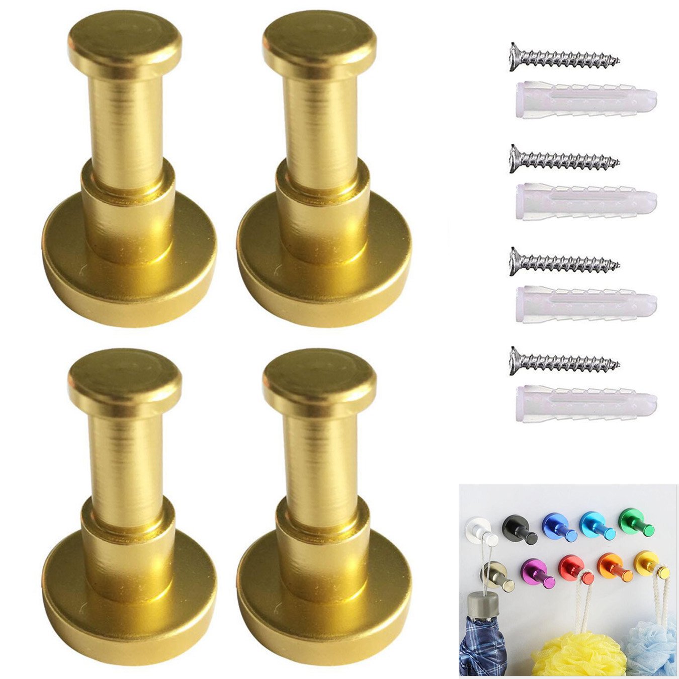 UOOOM 4 pcs Space Aluminum Wall-Mount Coat Robe Hooks Colorful Clothes Towel Hook Hanger (Gold)