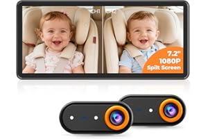 LUCKVIEW BM5PRO 7.2" 1080P HD Baby Car Camera for 2 Kids, Split Screen with IR Night Vision, Easy to Install & Adjust Brightness, Dual Car Camera Baby Monitor for Rear Seat Safety