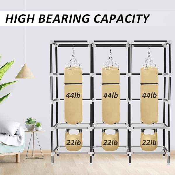 LOKEME WARDROBE CLOSET,PORTABLE CLOSET FOR BEDROOM STEEL PIPE DIAMETER 19MM STRONG AND STURDY GREY PORTABLE CLOSETS FOR HANGING CLOTHES WITH 3 HANGING RODS, 6 STORAGE SHELVES AND SIDE POCKETS
