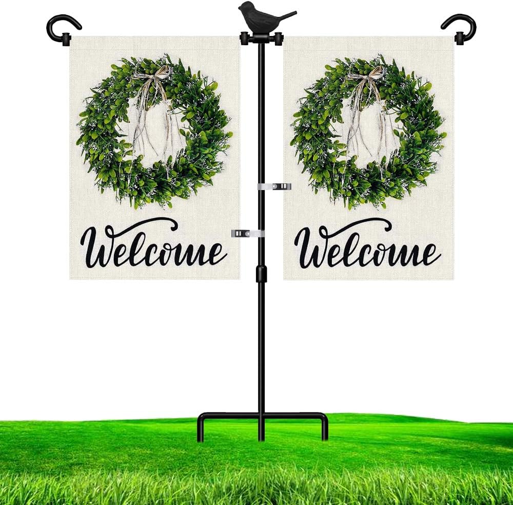 Flagpole Hardware - LAIRIES Garden Flag Stand Holder for Double Flags with Bird Garden Flag Stopper and Anti-Wind Clip 37’’H x 30’’W Black Wrought Iron Yard Season Flag Pole for 2 Flags Outdoor