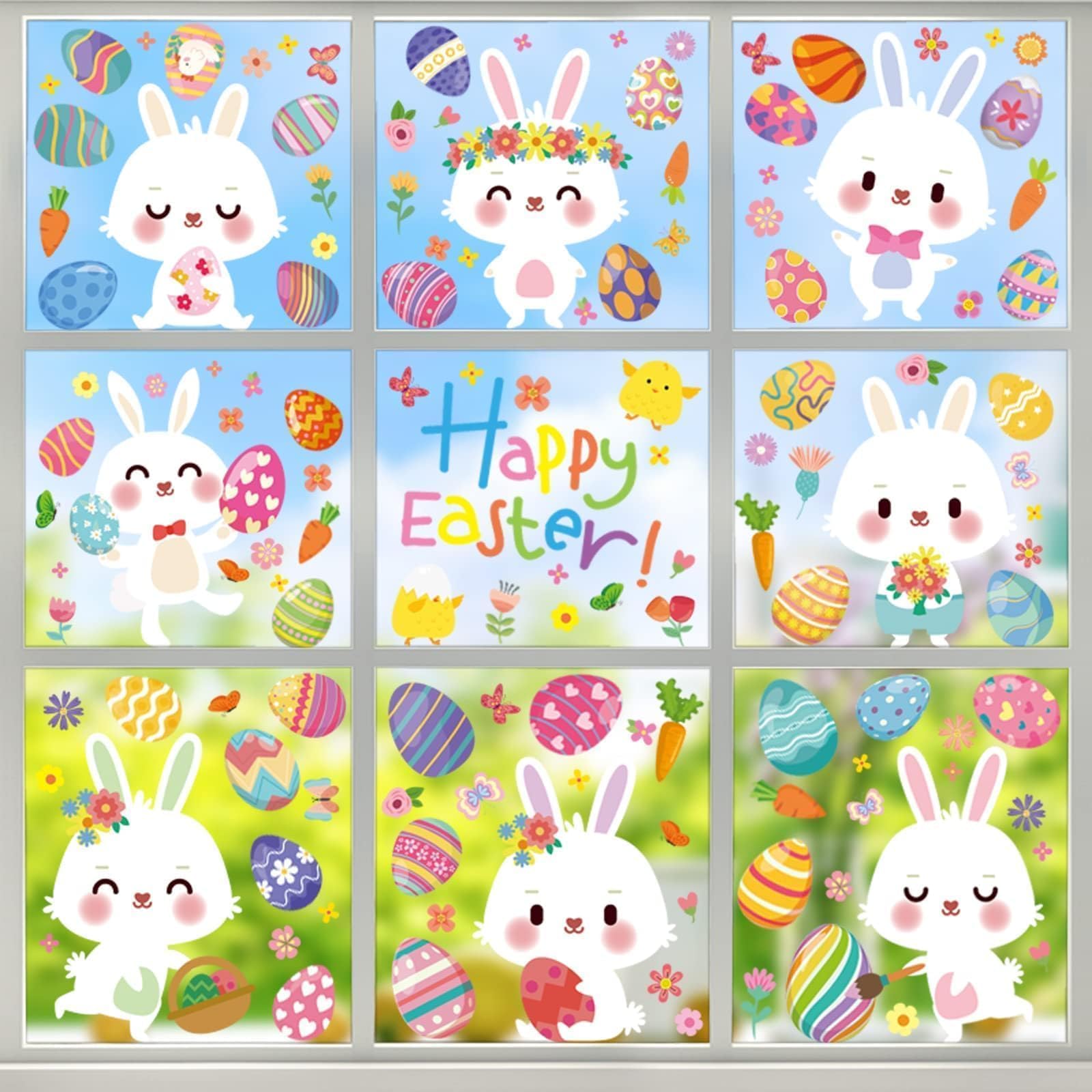 Tsathoggua 9 Sheets Easter Bunny Window Stickers PVC Static Stickers, Easter Decorations Home, Reusable, Waterproof