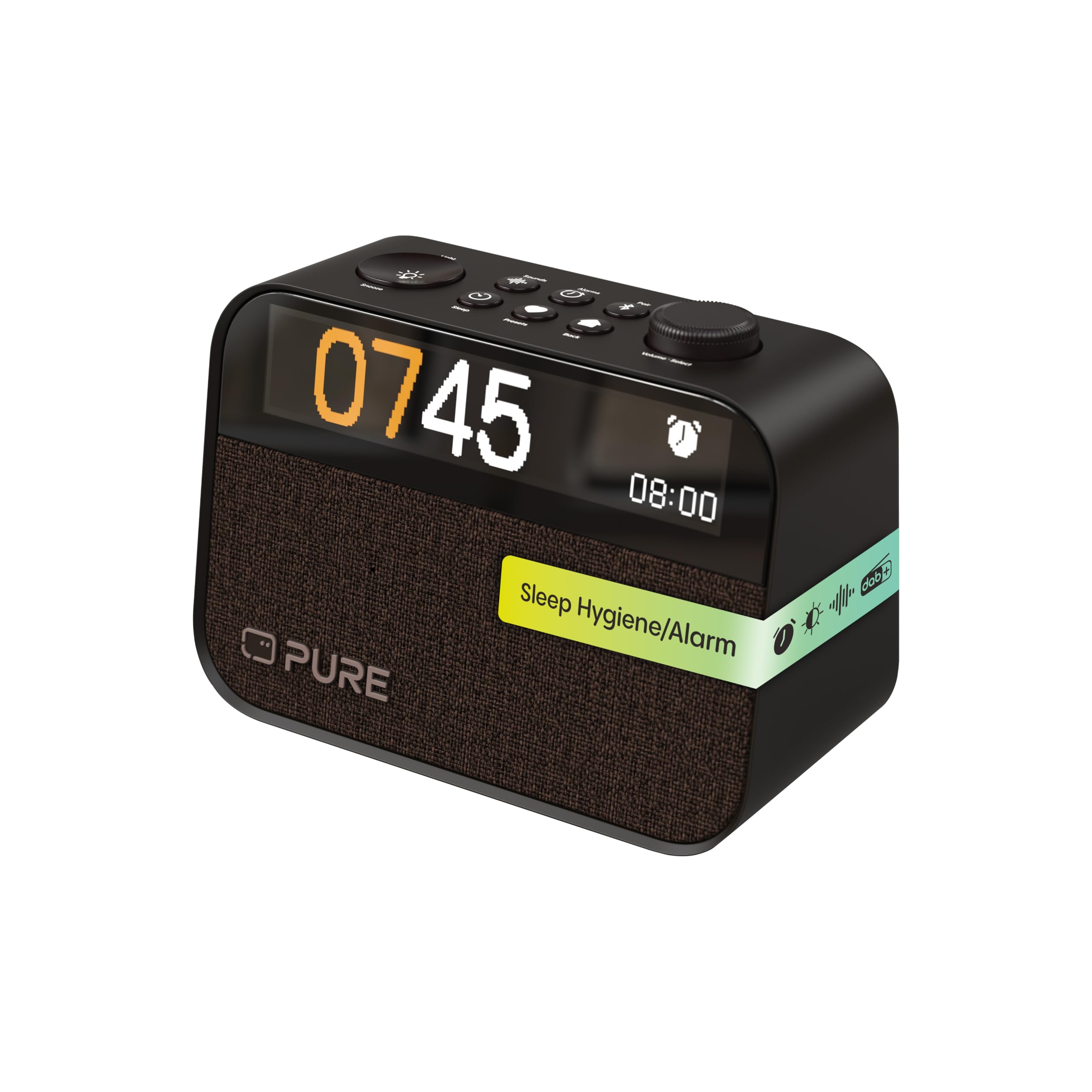Pure Moment Bedside & Office Alarm Clock (DAB+/FM Digital Radio, Bluetooth, Sleep Sound White Noise Machine, Sleep Aid, Wake-Up Light, Night Light, Dimmable Display) Black