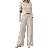 JoyMotion Women's 2 Piece Matching Lounge Sets Fall Travel Outfit 2026 Fashion Long Sleeve Ribbed Crop Top Wide Leg Pants