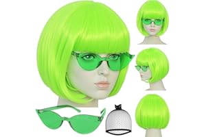 IMEYLE Lime Green Bob Wigs Colorful 3 Pcs Funny Wigs for Women Neon Green Costume Party Wig for St Patrick'S Day Short Neon Green Wig Cosplay Outfit Halloween Party +Sunglasses+Hair Cap
