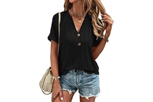 Dimur Womens Tops Trendy V Neck Button Down Short Sleeve Tshirts Business Casual Basic Tee Loose Fit