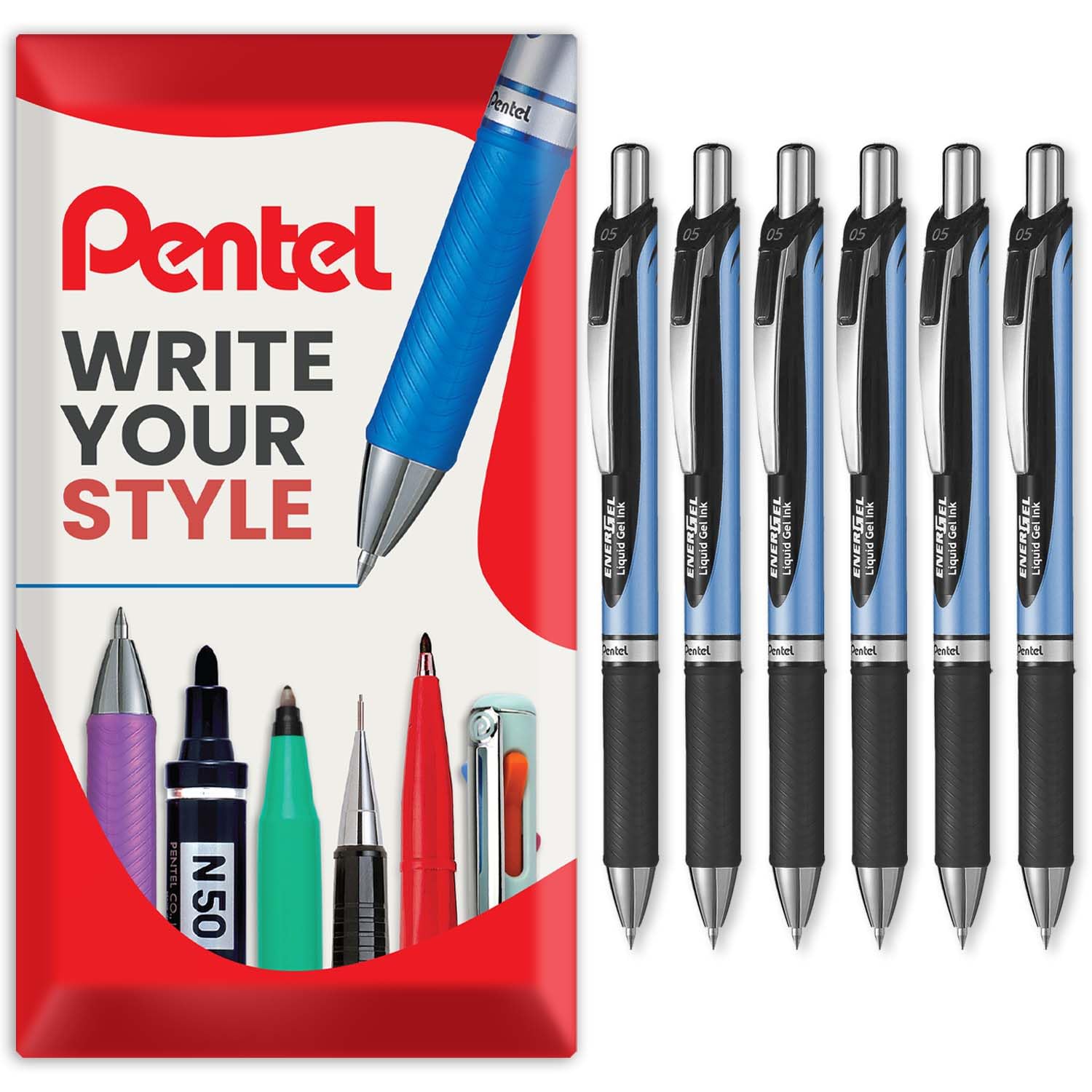 Pentel Energel BLN75 Retractable Gel Ink Rollerball Pen - 0.5mm - 54% Recycled - In Envelope Gift Packaging (Black Pack of 6)