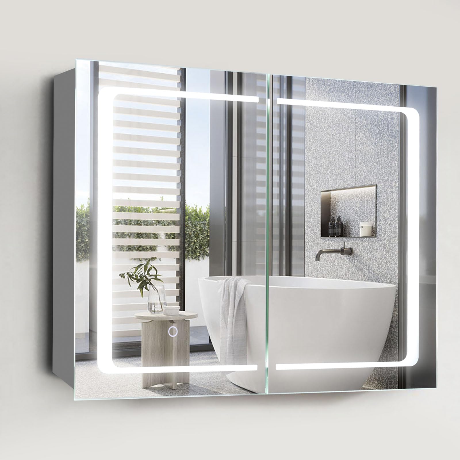 Photo 1 of Movo Lighted Bathroom Mirrored Medicine Cabinet,24 x 32 Inch Surface Mount Medicine Cabinet with Mirror and LED Light,Double Doors Bathroom Cabinet with Storage Shelves,3-Color Temper Lights
