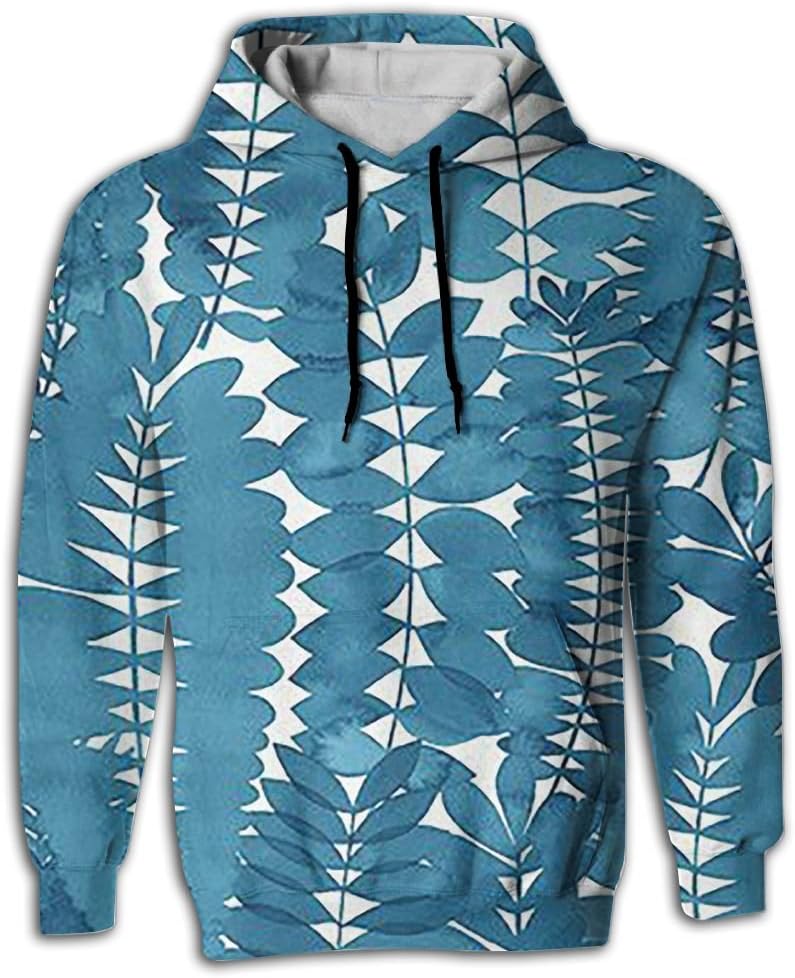 Adult's Pullover Hooded Sweatshirt With Pockets 3D All Over Print Blue Plants Leaves Painting Design For Men Women