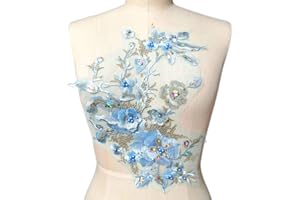SUCCI SHAN Rhinestone Pearl 3D Embroidery Lace Applique Motif Sewing of Lining Fabric Blouse Lace Patches Wedding Dress Accessories (Baby Blue)