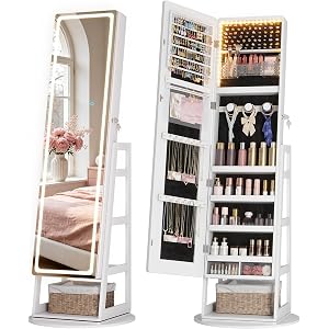 LVSOMT Standing Jewelry Cabinet Mirror with Adjustable LED Light White | 63" Lockable Jewelry Armoire Organizer with 4 Rear S