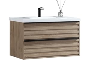 JINDOLI 36 Inch Bathroom Vanity with Sink, Modern Bath Vanity Bathroom with 2 Extra Big Drawers, Wall Mounted Floating Bathroom Vanities Cabinet Set with Wavy Panel Design, Golden Oak