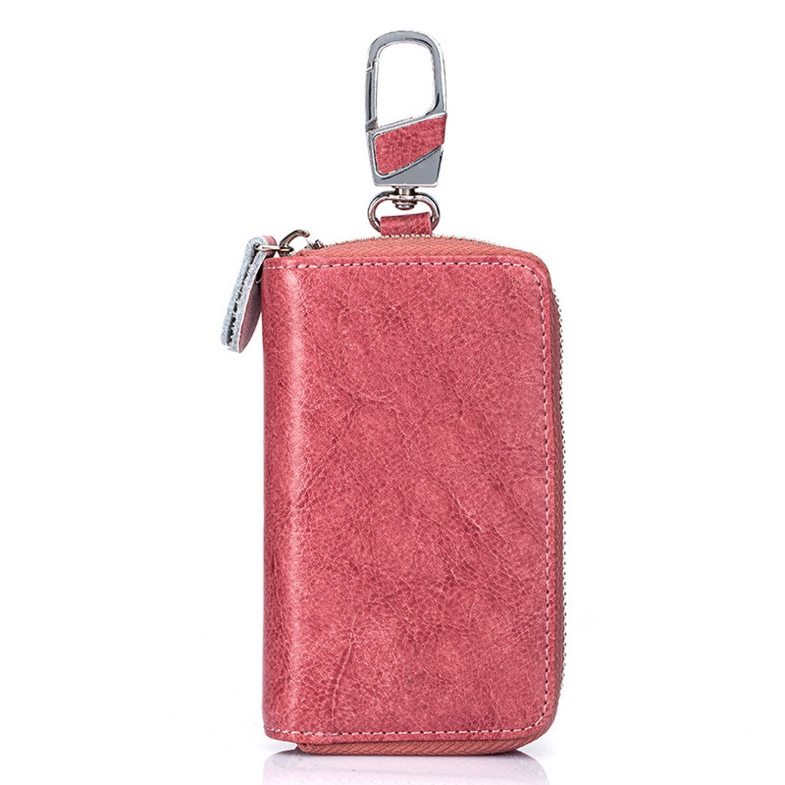 Genuine Leather Key Case Car Key Wallet with 12 Hook Zip Around Keychain Holder for Men and Women (Pink)