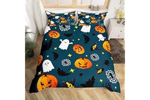 Manfei Cute Halloween Duvet Cover Set Twin Size Pumpkin Comforter Cover Halloween Pumpkin Ghost Festival Themed Bedding Set 2pcs for Kids Boys Teens Room Decor Navy Quilt Cover with 1 Pillowcase