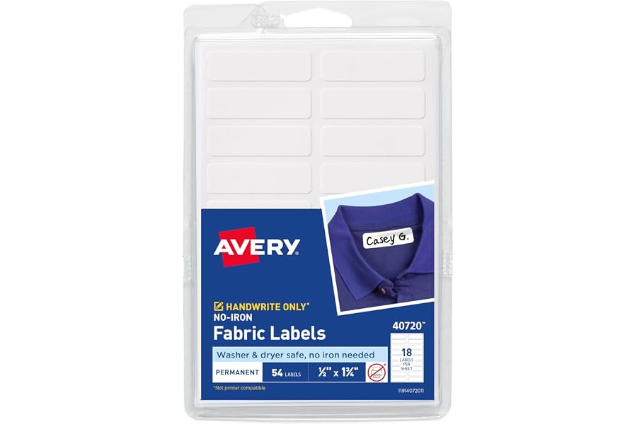 Avery No-Iron Fabric Labels, 1/2" x 1-3/4", Washer and Dryer-Safe Waterproof Labels, Non-Printable, 54 Total (40720)