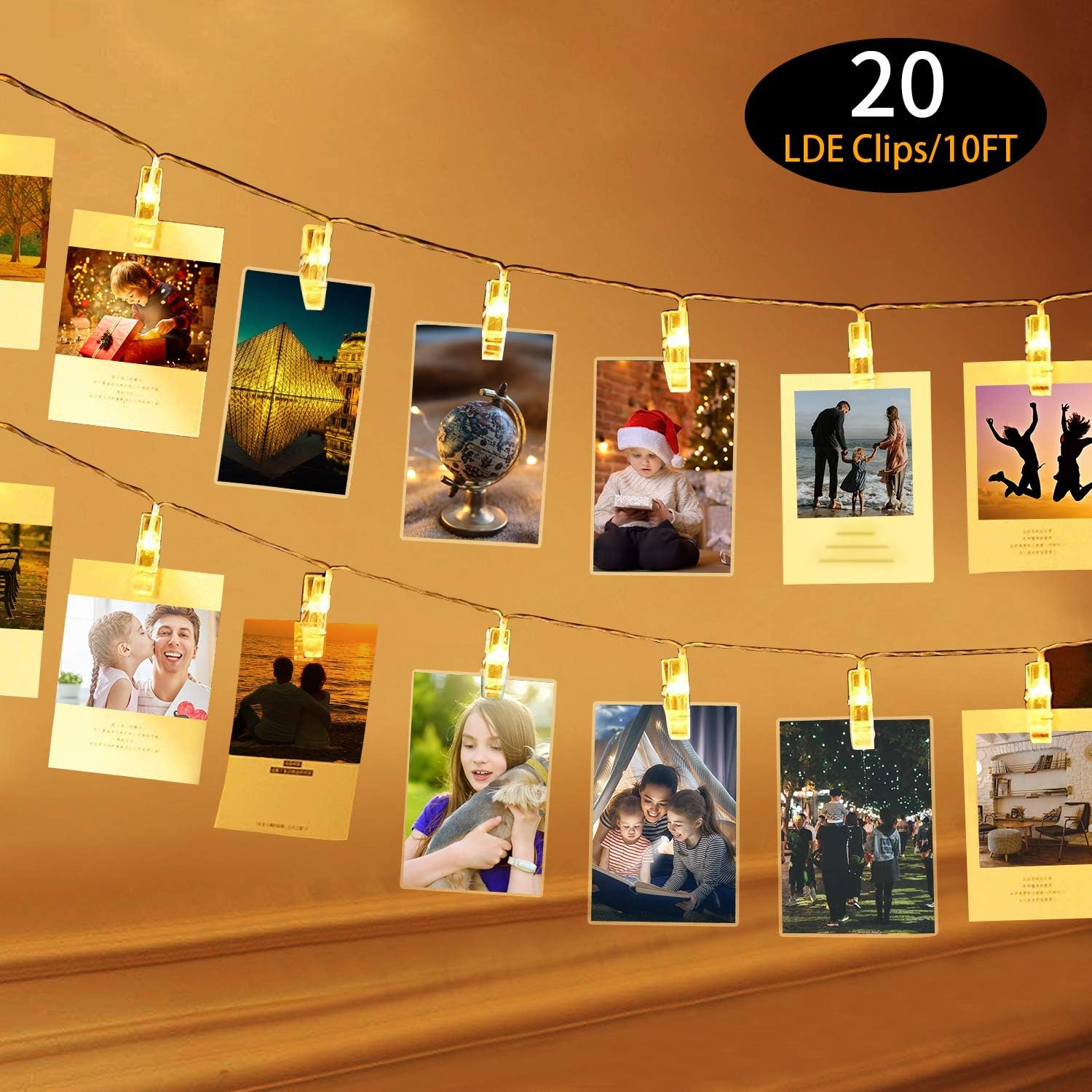 Zedoli Waterproof 20 LED Photo Clips String Lights, Battery Powered,String Lights for Indoor/Outdoor Decorate,String Lights with Photo Clips for Hanging Pictures,Cards and Artwork(10 Ft,Warm White)