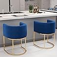 Modern Counter Height Velvet Fabric Upholstered Counter Stools Set of 2, 24 Inch Kitchen Island Stool with Gold Finish Metal Frame, Navy Blue