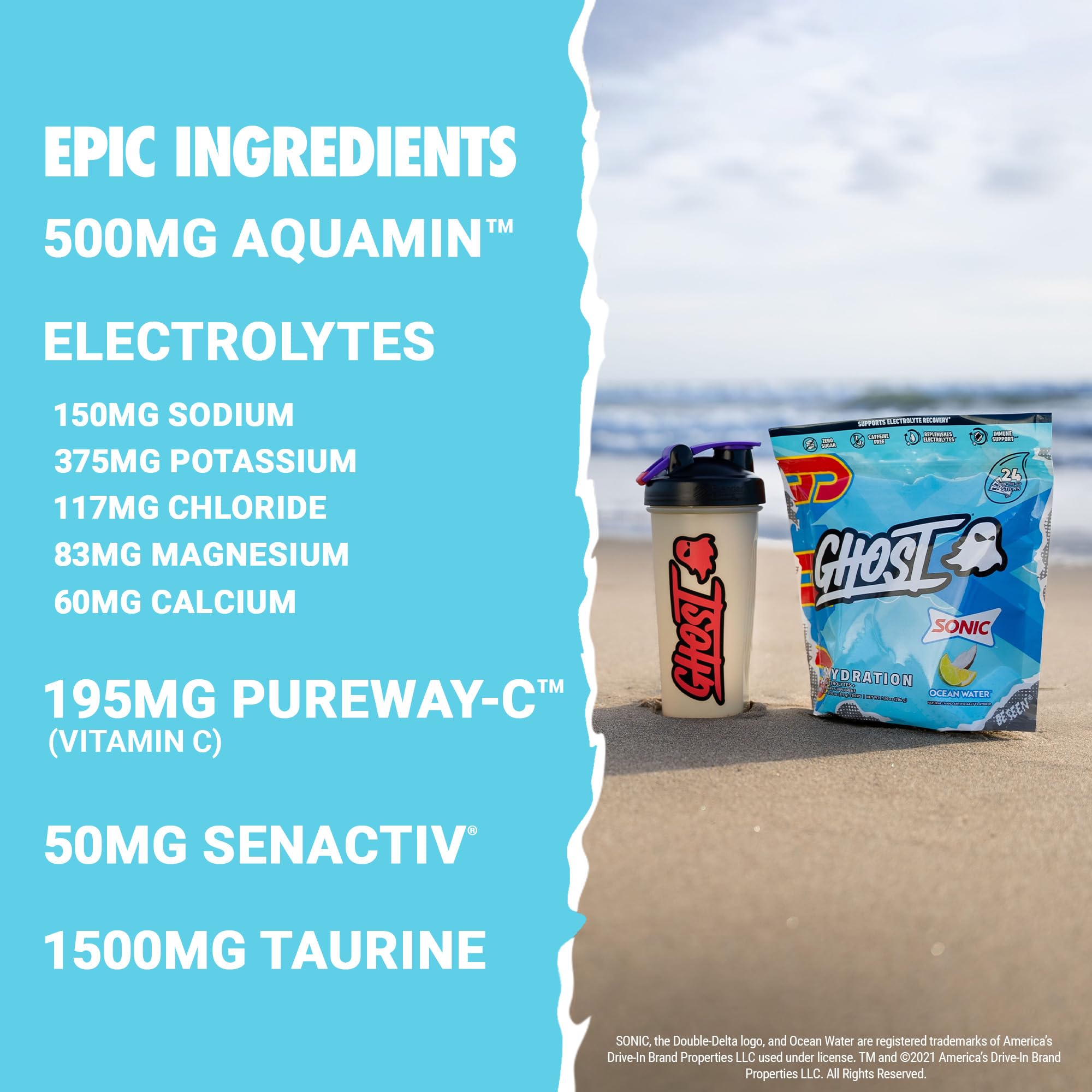 GHOST Hydration Packets, Sonic Ocean Water, 24 Sticks, Electrolyte Powder - Drink Mix Supplement with Magnesium, Potassium, Calcium, Vitamin C - Vegan, Free of Soy, Sugar & Gluten