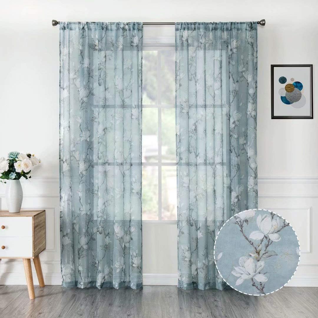 Tollpiz Floral Blue Sheer Curtain Flower Print Vine