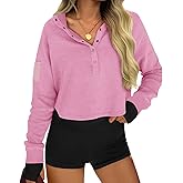 Fisoew Womens Cropped Sweatshirts Casual Henley Neck Snap Button Long Sleeve Ribbed Loose Fit Fall Crop Tops