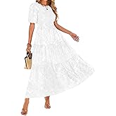 KIRUNDO Womens Summer Dresses Wedding Guest Floral Midi Sundress Short Puff Sleeve Flowy A Line Smocked Tiered Boho Dress