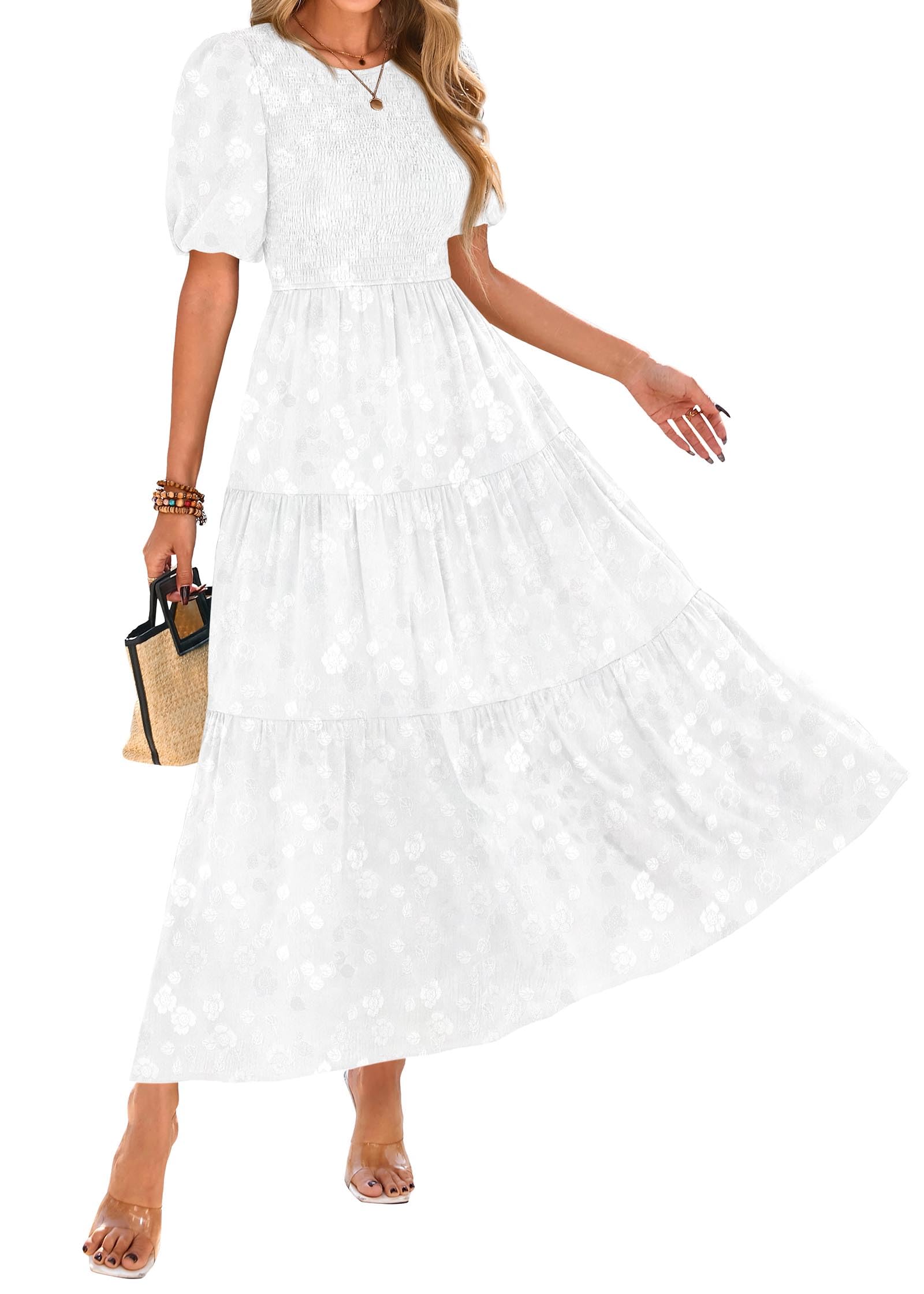 Photo 1 of KIRUNDO Womens Summer Dresses Wedding Guest Floral Midi Sundress Short Puff Sleeve Flowy A Line Smocked Tiered Boho Dress(White, Large)