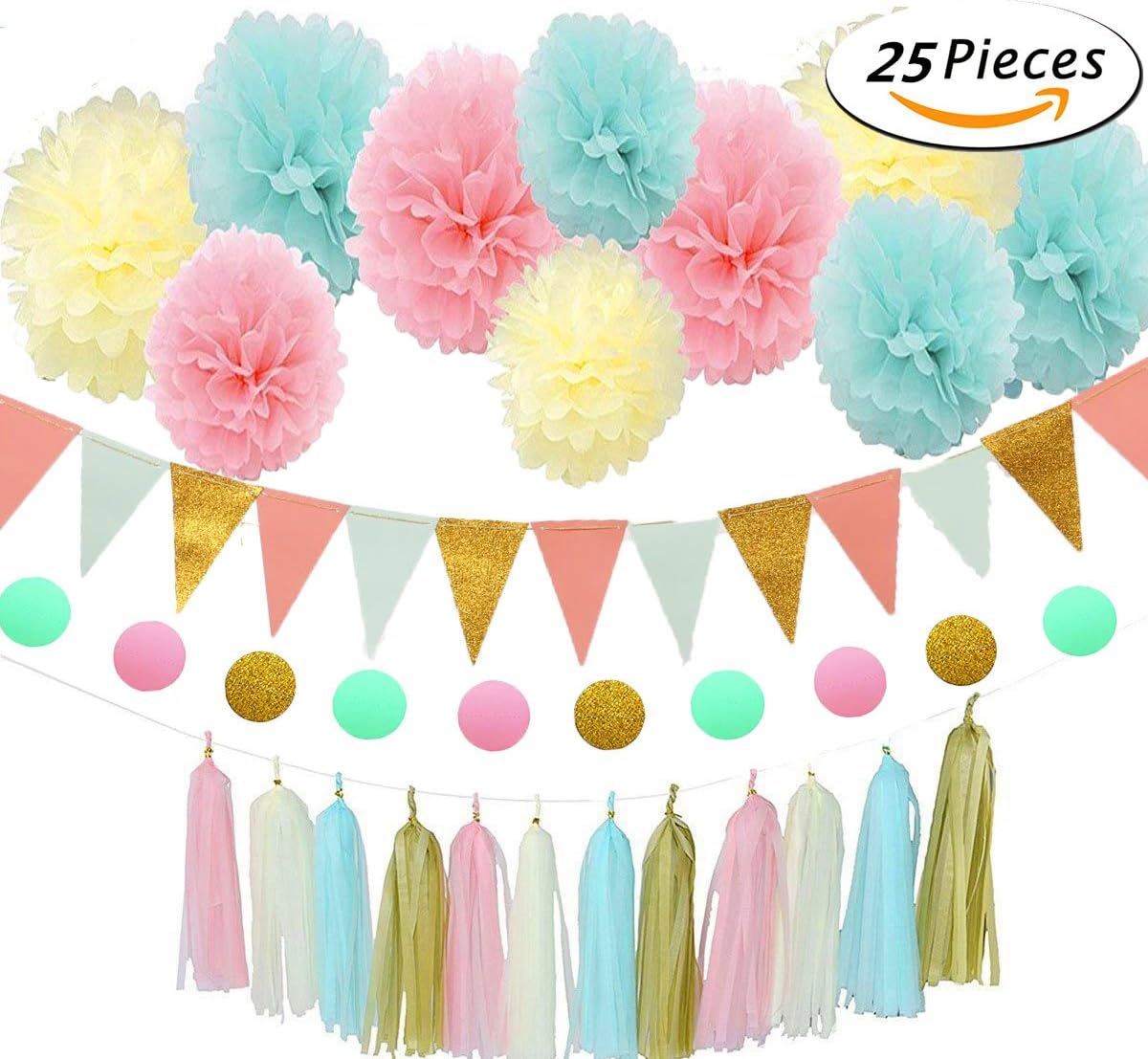 25Pcs Home Party Decorations Party Decoration Paper, FTUNG 12Pcs Paper Tassels + 10Pcs Garland Tissue Pom Poms Tassel Paper Flowers Ball + Paper Flag Kit for Party Wedding Birthday Decorations