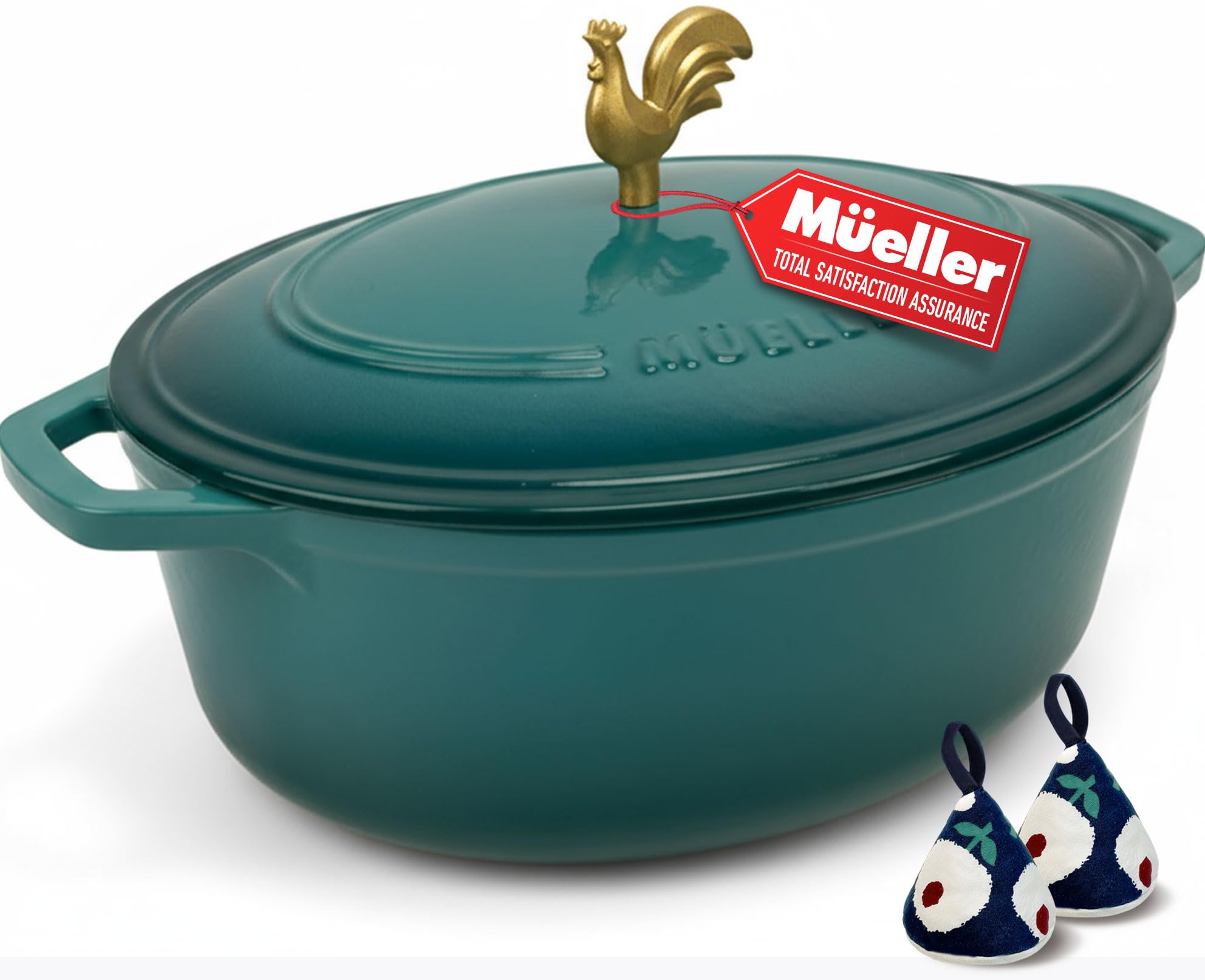 MUELLER HOME 5.5 Quart Enameled Cast Iron Oval Dutch Oven with Rooster Knob and Cotton Potholders, Heavy-Duty Cookware, Oven-Safe up to 500° F & Across All Cooktops, Thanksgiving Essentials, Emerald Image