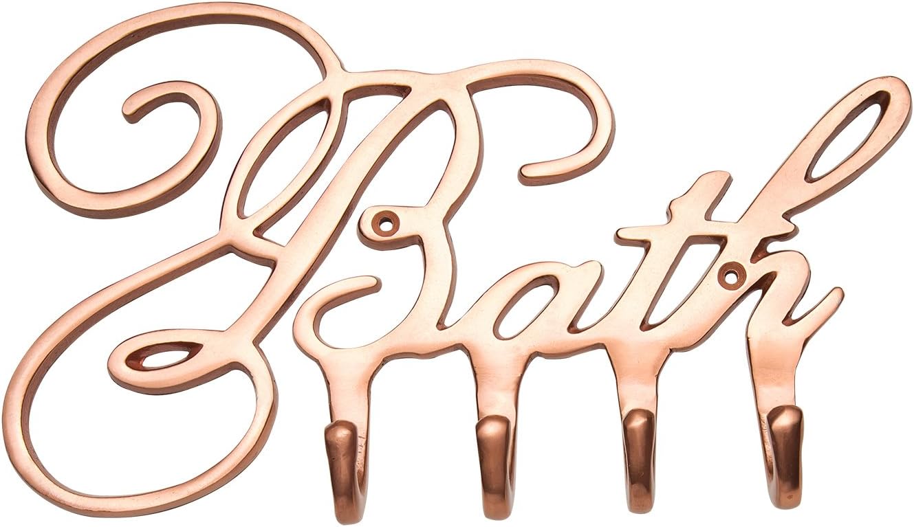 Comfify Modern Wall Mounted “Bath” Bathroom Towel Hooks – Vintage Bath Towel Holder 4 Sturdy Hooks – Wall Hooks Rack for Towels, Robes, Bathroom Accessories - Luxury Font Design, 4 Bath Towel Hooks