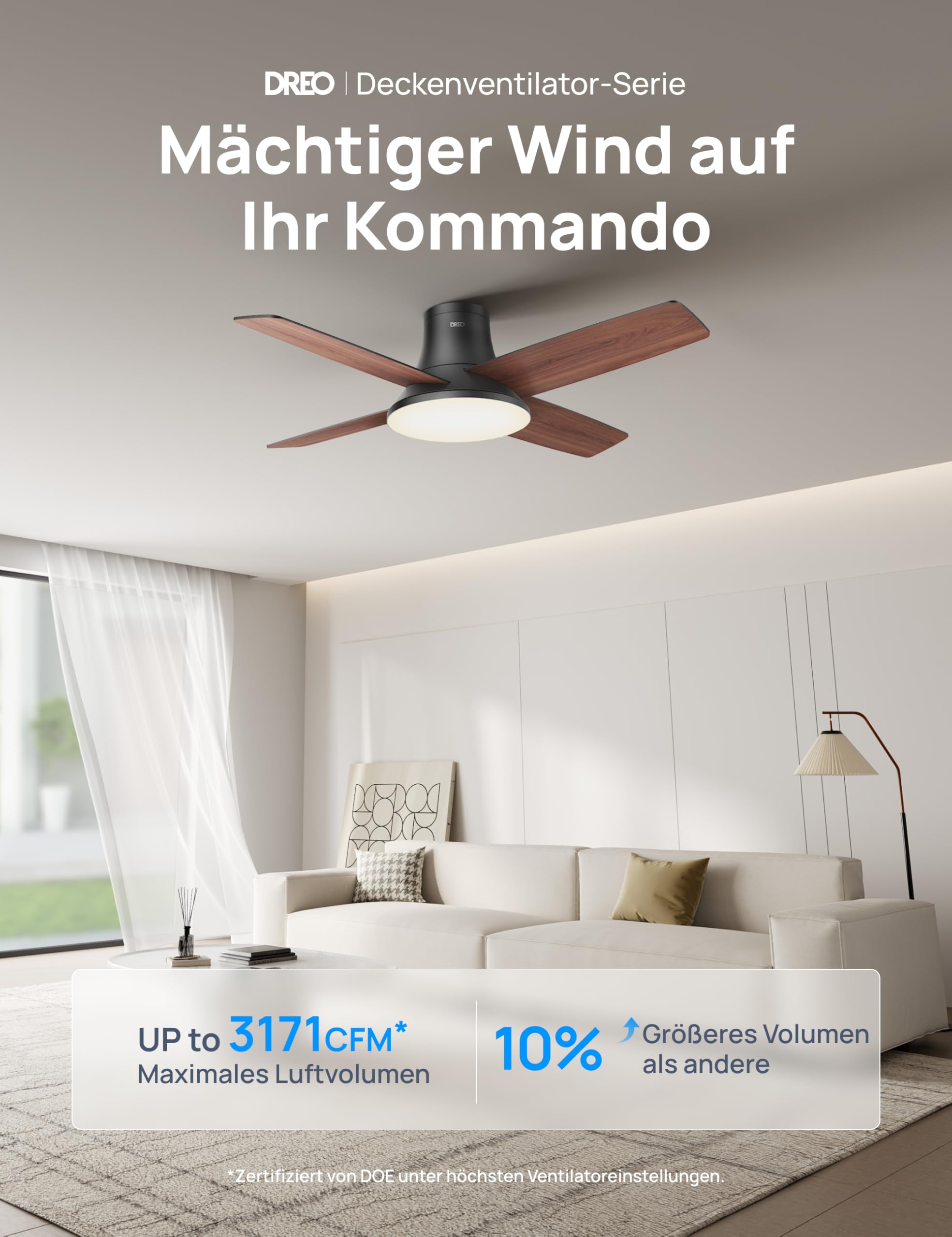 Dreo Ceiling Fan with Light and Remote Control, 44 Inch Flat Black Reversible 5CC 6 Level Dimmable 6 Speeds Quiet Timer Easy Assembly for Bedroom