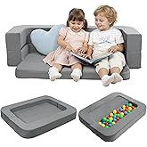 ENITYA 3-in-1 Toddler Couch, Convertible Sofa Bed with Two Pillow,Fold Out Loveseat/Ball Pit/Sleeping Bed, Kids Couch for Playroom/Bedroom/Living Room,Grey