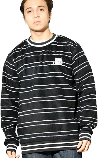 Amazon リップンディップ Ripndip トレーナー メンズ ボーダー柄 フリース ロゴ ネコ 猫 Peeking Nermal Polar Fleece Crewneck Rnd4709 ブラック 黒 L 並行輸入品 トレーナー パーカー 通販