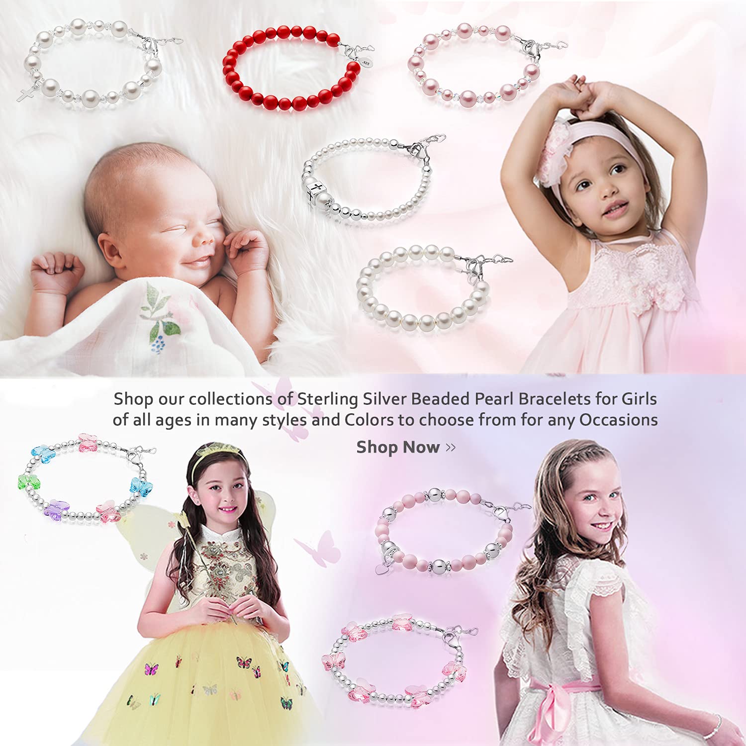 Baby Crystals Delicate Sterling Silver Bracelets for Girls with High End White European Simulated Pearls, Elegant Girls Jewelry, Pearl Bracelet for Birthday Gifts Flower Girls