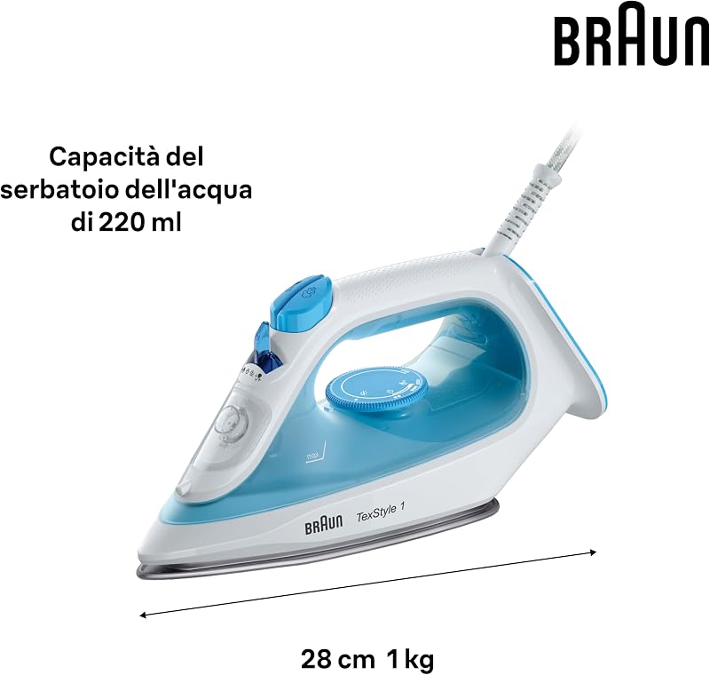 TexStyle 1 SI1029BL, Ferro da Stiro Antiaderente, 120g/min Colpo Vapore, Sistema Decalc & Funzione Spray, Riscaldamento Rapido (35s), Adatto Acqua Rubinetto, EcoMode, Serbatoio 220ml, 1900W, Blu