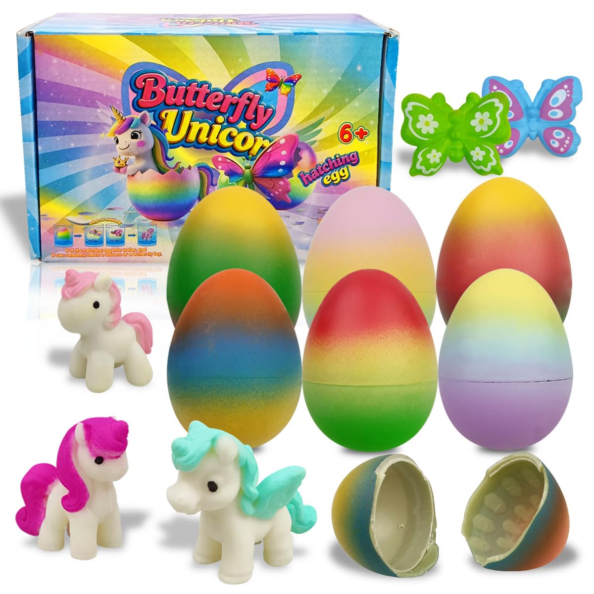 JoFAN 6 Pack Butterfly Unicorn Hatching Surprise Eggs Easter Eggs for Kids Boys Girls Easter Basket Stuffers Gifts Birthday Party Favors Fillers
