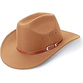 AQOKKA Western Cowboy Hats for Women Classic Felt Wide Brim Fedora Hat with Belt Buckle Retro Panama Hat Unisex Rolled up Cap