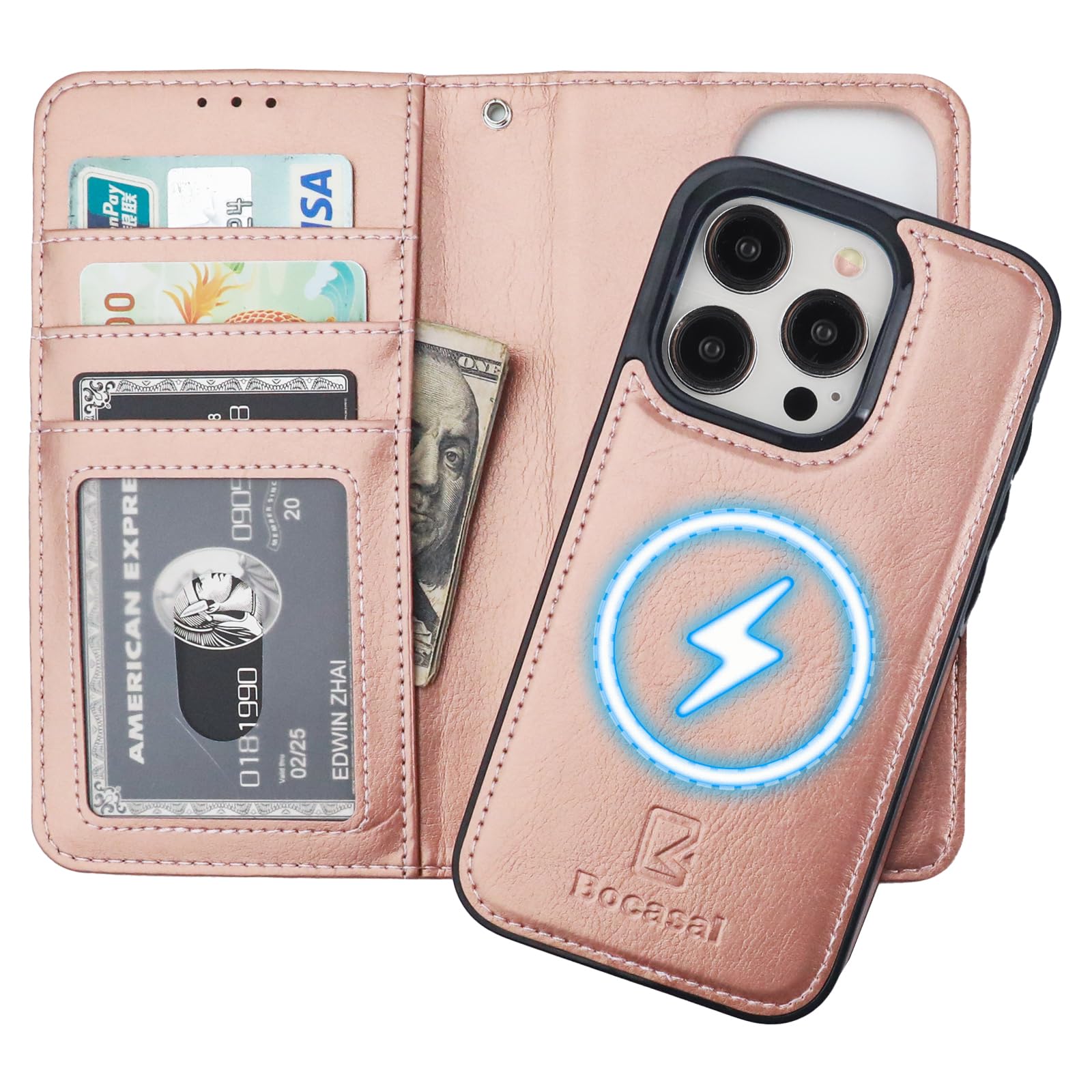 Bocasal for iPhone 15 Pro Wallet Case Compatible with MagSafe Wireless Charging, RFID Blocking Magnetic Leather Case with Card Slots Holder Kickstand Detachable Wrist Strap 6.1 Inch (Rose Gold)