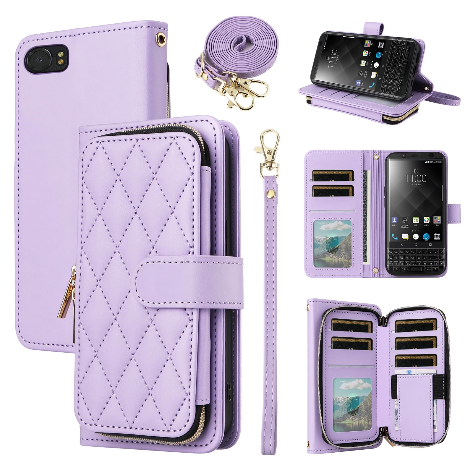ELISORLI Wallet Case for BlackBerry KEYone with Detachable Wrist Strap Crossbody Shoulder Strap 9 Card Slots Zipper Purse Luxury PU Leather Stand Phone Cover for KEY1 KEY 1 One BBB100-1 Girls Purple