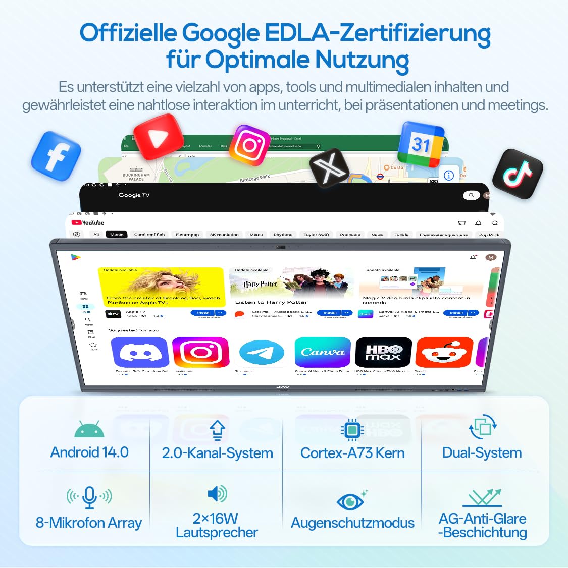 JAV Smart Board 55 Zoll Interaktives Whiteboard 4K UHD Touchscreen Android 14 mit Google EDLA Zertifiziert Digitale Elektronische Whiteboard 8+128GB Eingebaute 48MP Kamera für Büro Schule 2
