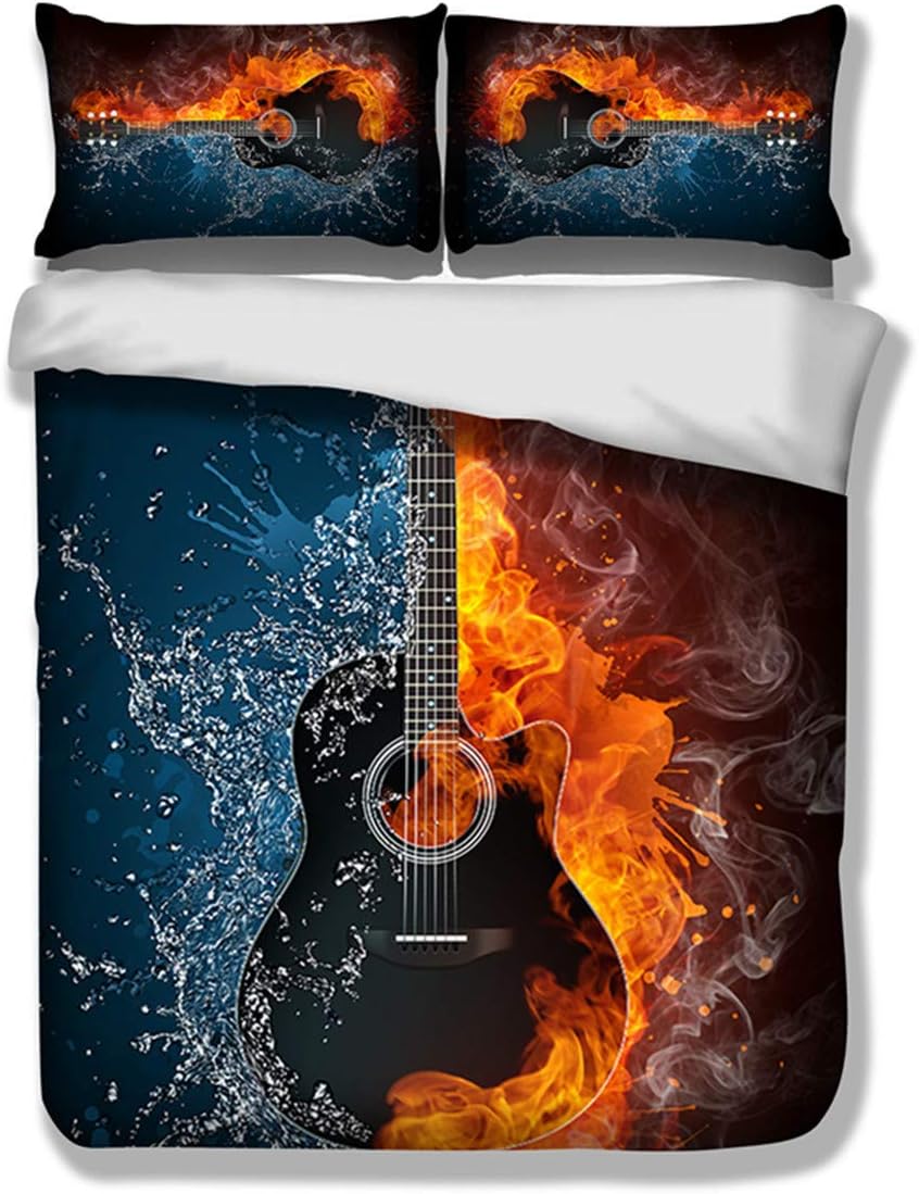 3D Flame Electric Guitar Bedding Set with 2 Pillowcases Music Guitar Duvet Cover Set with Zipper Closure Flame and Ice Soft Microfiber Bedding Set 200 x 200cm
