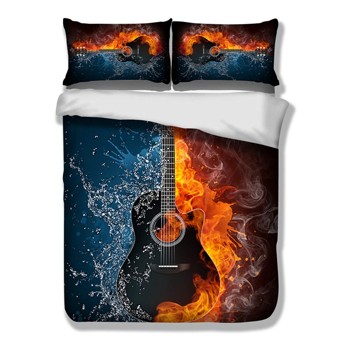 3D Flame Electric Guitar Bedding Set with 2 Pillowcases Music Guitar Duvet Cover Set with Zipper Closure Flame and Ice Soft Microfiber Bedding Set 200 x 200cm