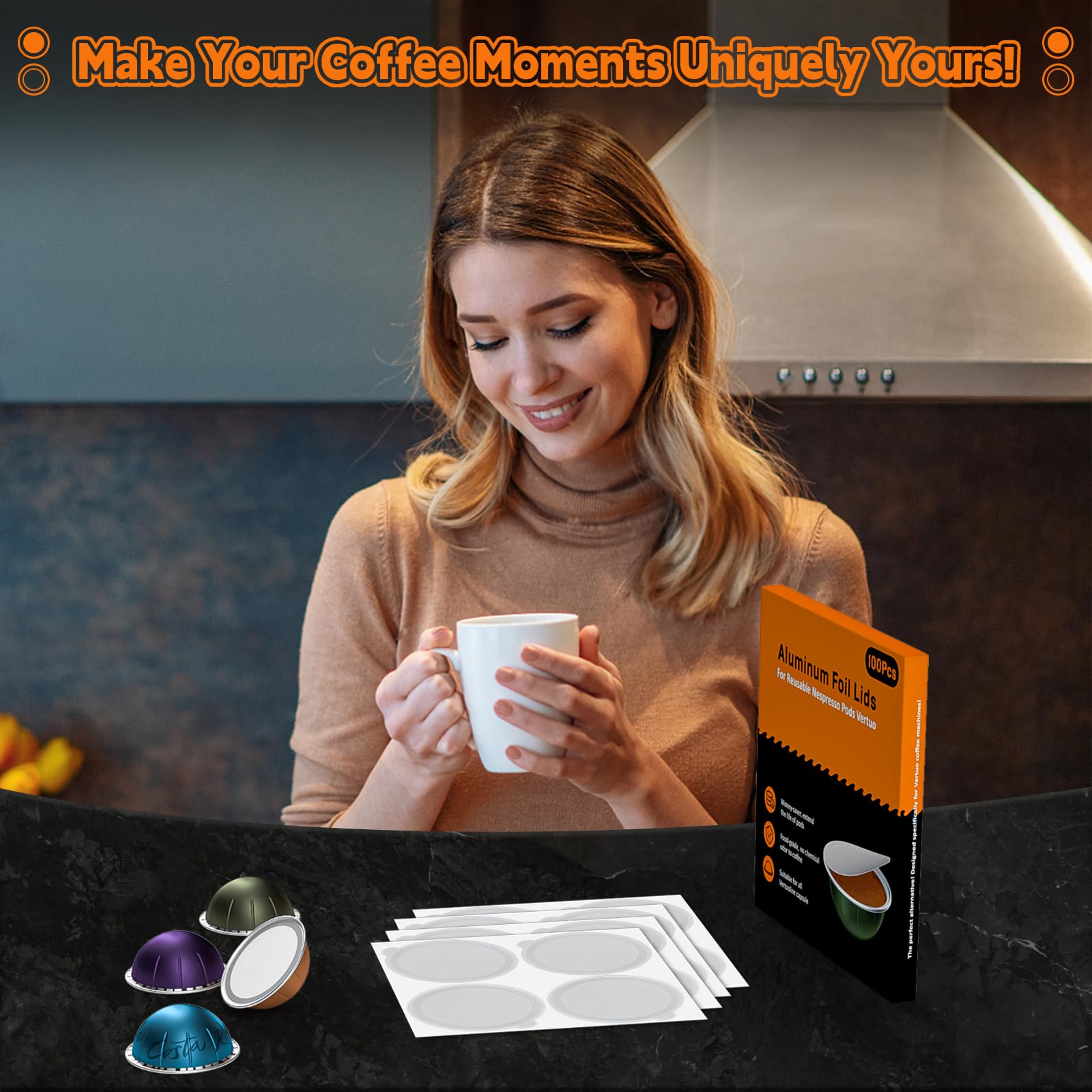 Aluminum Foil Lids for Reusable Nespresso Vertuo Pods, 100 PCS Reusable Foil Seal Cover for Refill Espresso Coffee Capsule, Compatible with Nespresso Vertuo Machine