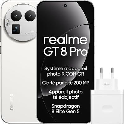 GT 8 Pro Smartphone 12GB+256GB, Système d’Appareil Photo RICOH GR, Clarté Parfaite 200 MP Appareil Photo téléobjectif, Snapdragon 8 Elite Gen 5, Batterie Titan de 7 000 mAh, Blanc