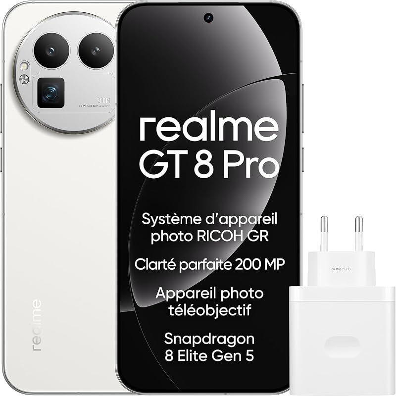 GT 8 Pro Smartphone 12GB+256GB, Système d’Appareil Photo RICOH GR, Clarté Parfaite 200 MP Appareil Photo téléobjectif, Snapdragon 8 Elite Gen 5, Batterie Titan de 7 000 mAh, Blanc