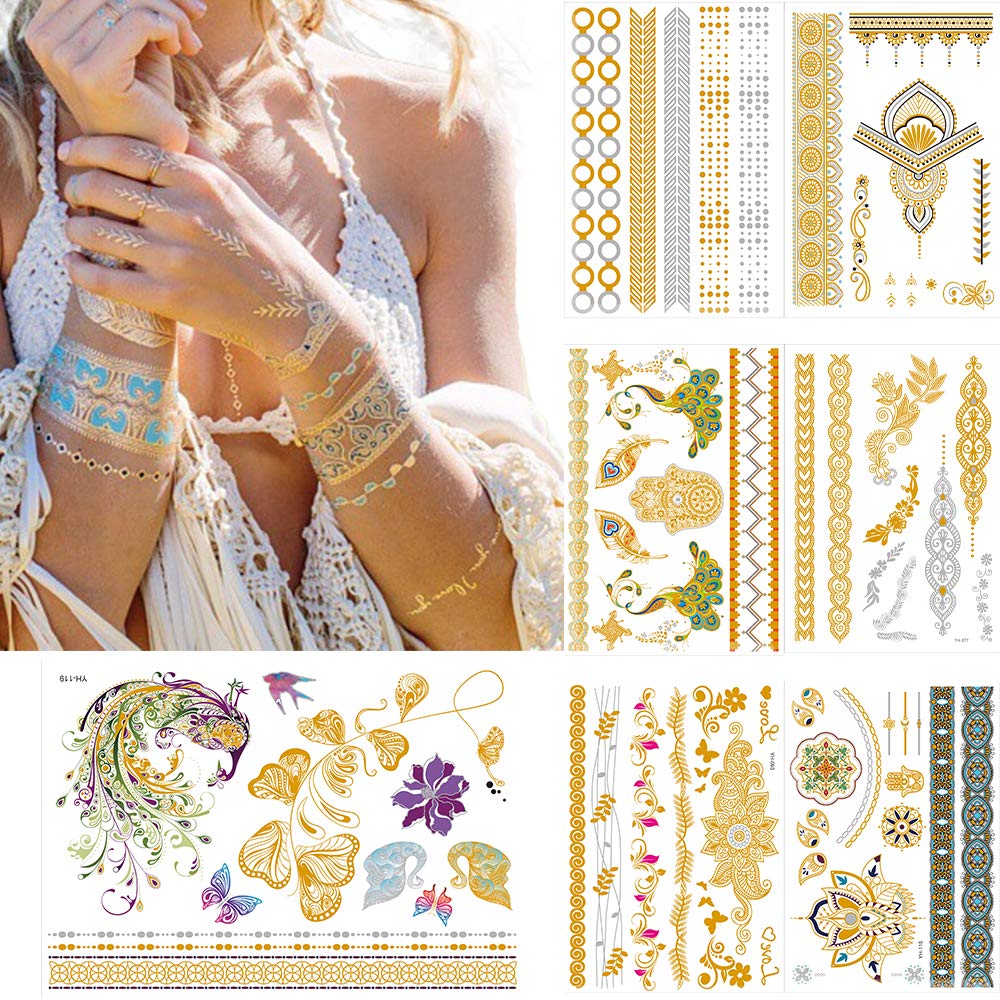 Temporary Tattoos Henna Metallic Mandala Tattoo Stickers for Women Body Hands Shoulders Back Chest Legs Boho Gold and Silver Removable Tattoos (style 2)
